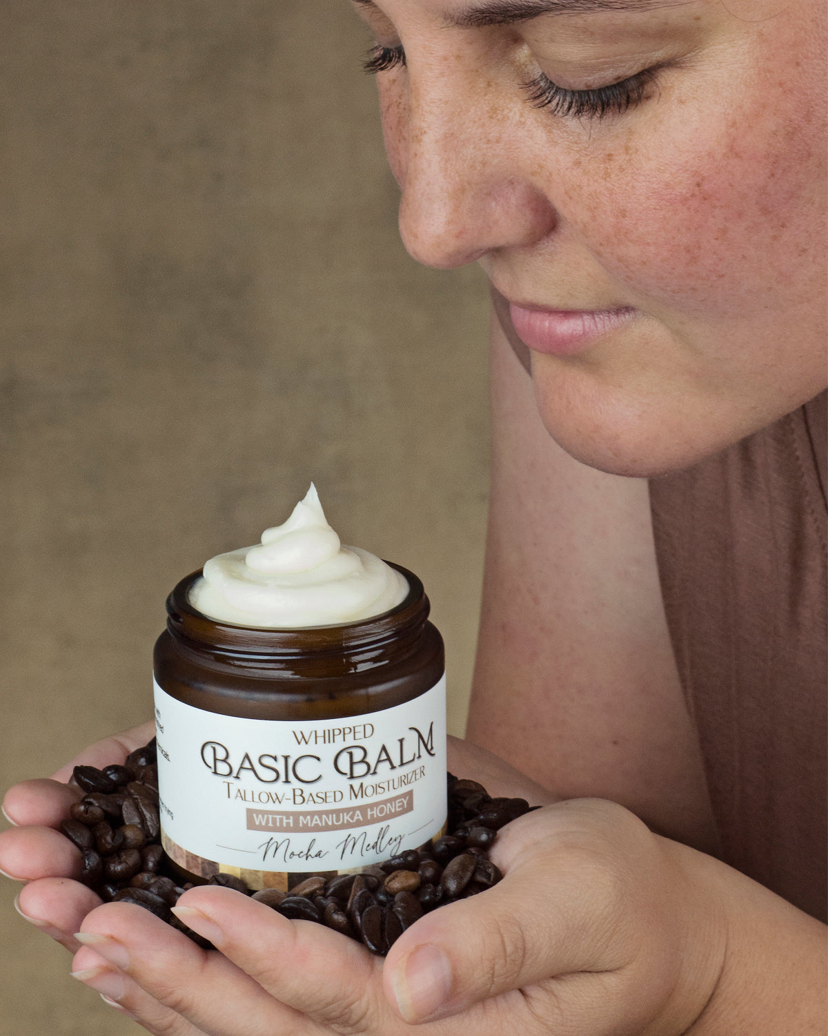 Women's Whipped Tallow and Honey Balm, Mocha Medley, Woman Smelling Balm